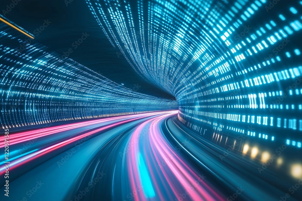 Poster An endless digital tunnel with pixelated light streams moving forwar 
