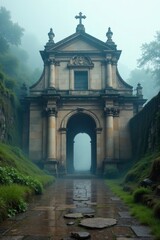 Obraz premium Foggy atmosphere on an ancient basilica's grand entrance, entrance, misty, ancient