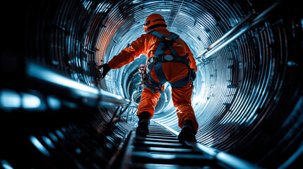 Climber in orange suit ascends wind turbine shaft, showcasing determination and skill