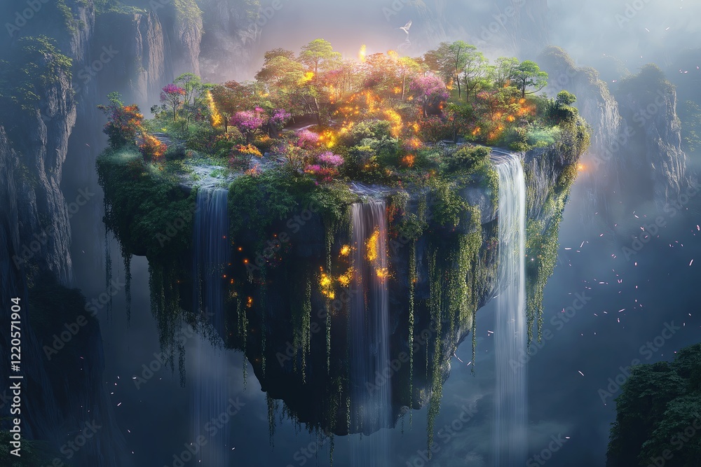 Poster An enchanted floating island with cascading waterfalls and glowing flora