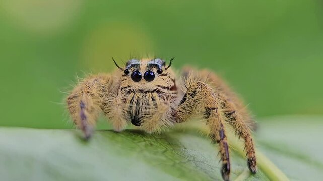 jumping spider is dancing on the leaves with green background