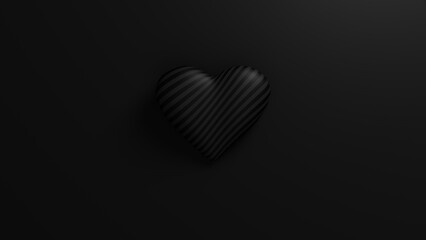Black striped heart with soft shadow on a black background. Valentine's day romantic backdrop. 3d render illustration.