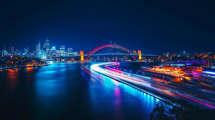 Sydney Harbour Bridge Night Lights Cityscape Vibrant Urban Modern Architecture Scenic View Water    