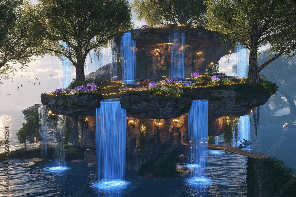 Poster an enchanted floating island with cascading waterfalls and glowing flora