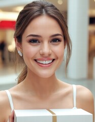 Naklejka premium portrait of a woman holding a giftbox, city urban background