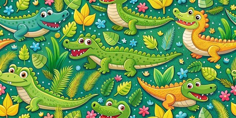 Adorable Colorful Crocodile Jungle Pattern for Kids Fabric, Wallpaper, and Textile Design