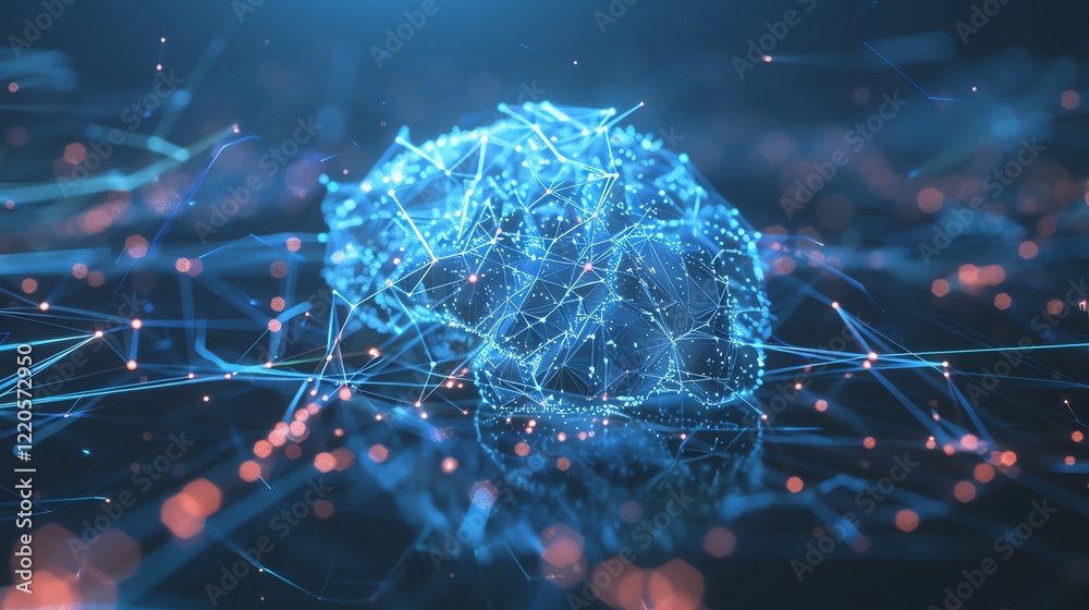 Poster an abstract digital rendering of a brain with glowing blue and red lines and dots.