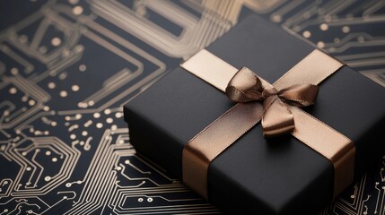 Elegant black gift with a luxurious ribbon on a circuit board background, ideal for technology-themed presentations or promotions.