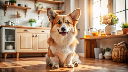 Adorable Corgi Puppy Sitting on Kitchen Floor - Cute Dog Stock Photo