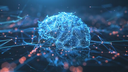 An abstract digital rendering of a brain with glowing blue and red lines and dots.