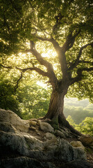 Obraz premium An ancient tree standing tall in the middle of a forest, symbolizing strength and endurance.