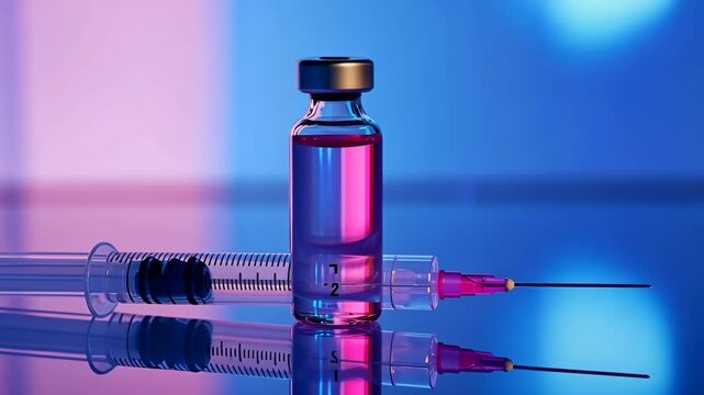Glass ampoule with clear pink liquid and a syringe. Syringe next to the vial. Medicine bottle. Syringe of botulinum toxin, hualuronic, collagen or flu on a blue medical laboratory background. Close Up