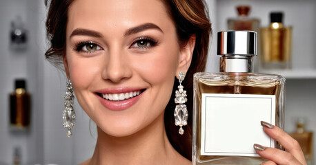 Fototapeta premium close-up portrait of a woman with perfect make up holding a bottle of perfume