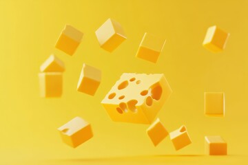 Cheese dices and slices floating on yellow background. Spices and herbs. Generation AI.