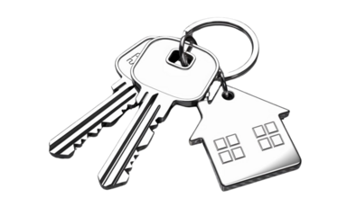  Set of Two Silver Keys with House-Shaped Keychain Pendant Isolated on Transparent Background PNG