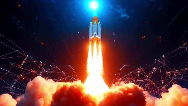 Realistic Render of Rocket Launch with Smoky Plume and Constellations