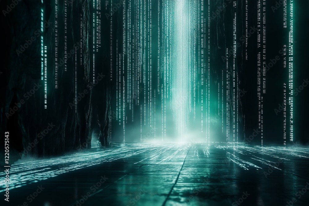 Poster A surreal digital matrix of glowing code flowing like a waterfall 