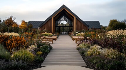 Modern barn wedding venue, autumn garden ceremony