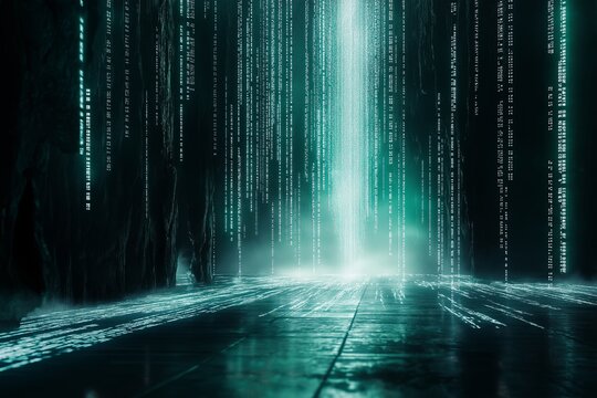 A surreal digital matrix of glowing code flowing like a waterfall 