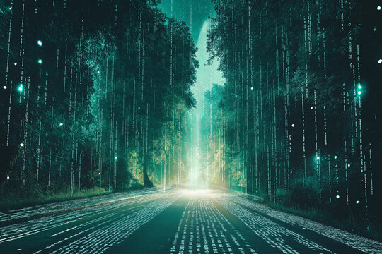 A surreal digital matrix of glowing code flowing like a waterfall 