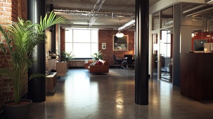 Fototapeta premium Modern industrial office interior with exposed brick, plants, and lounge area.