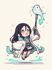 Cute Anime Girl with Magical Fish Staff