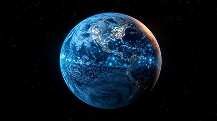 A close up of the Earth at night glowing blue light