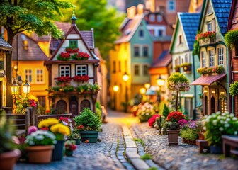 Fototapeta premium Adorable Miniature Cityscape, Whimsical Urban Scene, Cute Tiny Buildings, Close-up Macro Photography, Pastel Colors