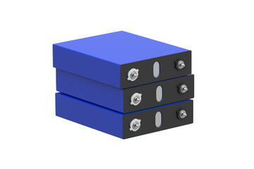 Stack of LiFePo4 cells isolated on white background. Prismatic modules for lithium iron phosphate battery. 3d render