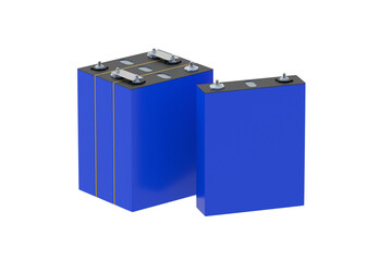 LiFePo4 cells isolated on white background. Prismatic modules for lithium iron phosphate battery. 3d render