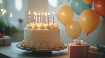 Birthday cake candles lit, gifts, balloons, home celebration