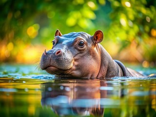Fototapeta premium Adorable Pygmy Hippopotamus Floating Serenely in Water - Cute Wildlife Stock Photo