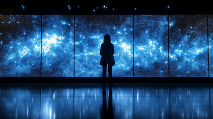 Fototapeta premium Exploring the universe a visitor's contemplation in a cosmic exhibit museum digital art indoor wide angle perspective