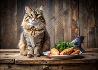 Adorable Siberian Cat Posing with Gourmet Salmon Dish,  Happy Feline and Delicious Food Stock Photo