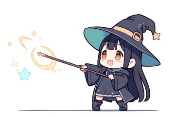 Obraz premium Adorable Little Witch Casts A Crescent Moon Spell