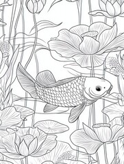 Fototapeta premium Elegant koi fish among blooming lotus flowers line art for coloring book pages