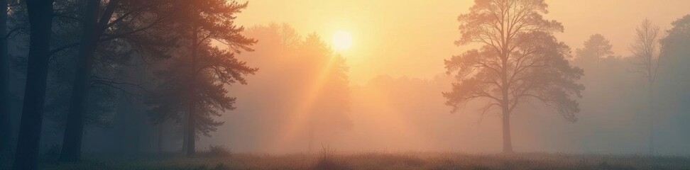Foggy forest at dawn with warm beige light filtering through, watercolor, mist, dusk