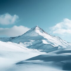 A stunning snow-covered mountain peak rises majestically against a clear blue sky. The tranquil landscape invites adventure and exploration. Perfect for travel or nature themes. AI