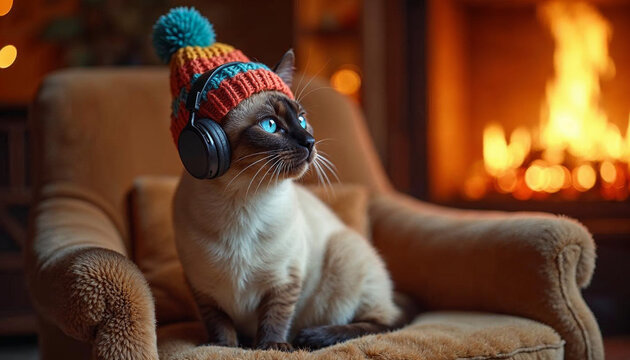 Cozy Cat in Knit Hat Listening to Music by Fireplace
