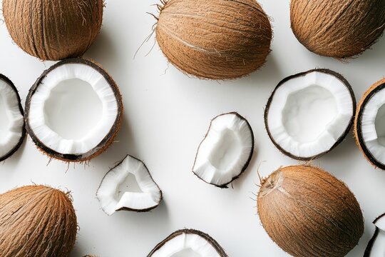 Tropical coconuts flatlay, white background, food photography, healthy snack