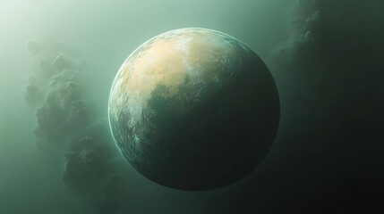 A distant planet in space with a light green