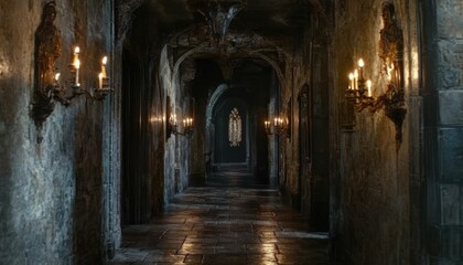 Mysterious dimly lit corridor with gothic architecture and burning candles on sconces