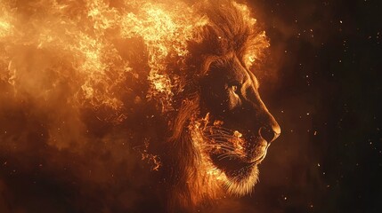 Naklejka premium Majestic lion with a flaming mane, surrounded by vivid red and orange flames, symbolizing power and ferocity. Perfect for fantasy, wildlife, and dramatic art themes.