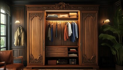 Elegant vintage wooden wardrobe with clothes and accessories in a dark room