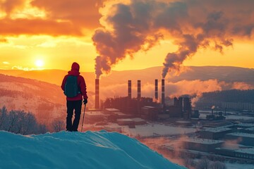 Fototapeta premium A lone hiker observes an industrial plant emitting pollution at sunset, showcasing the contrast between nature and industry.