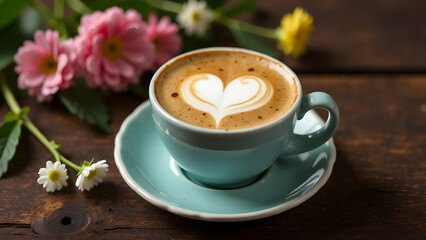 A cup of coffee with a heart-shaped foam design sits on a wooden table decorated with tiny flowers, creating a cozy scene