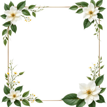 White flowers and leaves forming a border with gold frame and transparent background