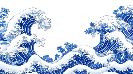 Oriental Wave Pattern Illustration, seamless design featuring elegant wave motifs in watercolor style, ideal for backgrounds and clipart, isolated on white for versatile use