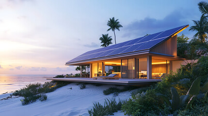 An eco-conscious beach home with solar panels, reflecting sunlight and nestled near the coast, with a focus on sustainable energy use.
