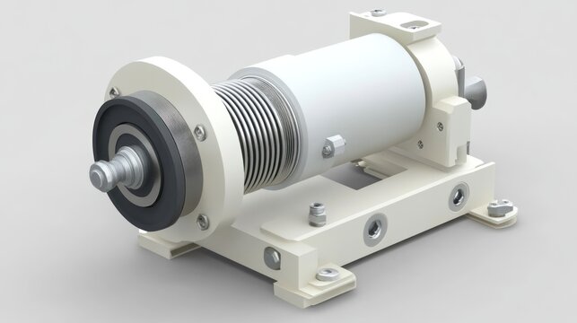 3D render of a white industrial linear actuator with bellows, mounted on a base.